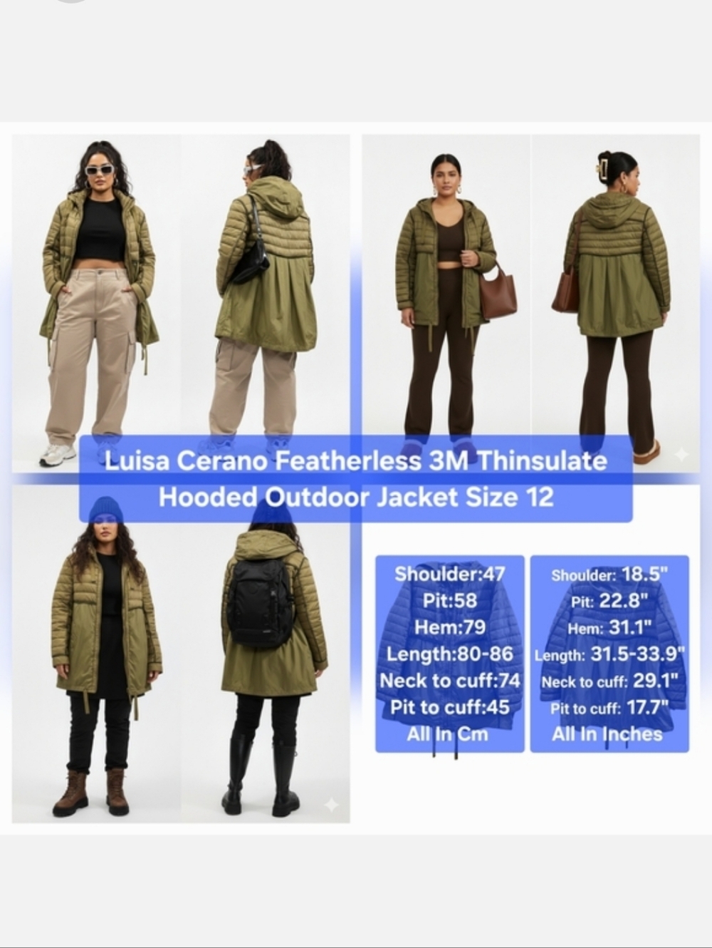 Luisa Cerano Featherless 3M Thinsulate Hooded Outdoor Jacket Size 12